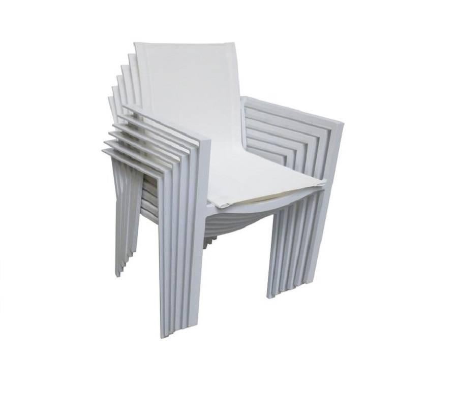 Outdoor aluminium armchair: Stackable armchairs, great for parties and events. Powder coated aluminium is our material of choice for our lightest weight outdoor furniture. Nice detailed and fun! The base aluminium is coated with polyester micro