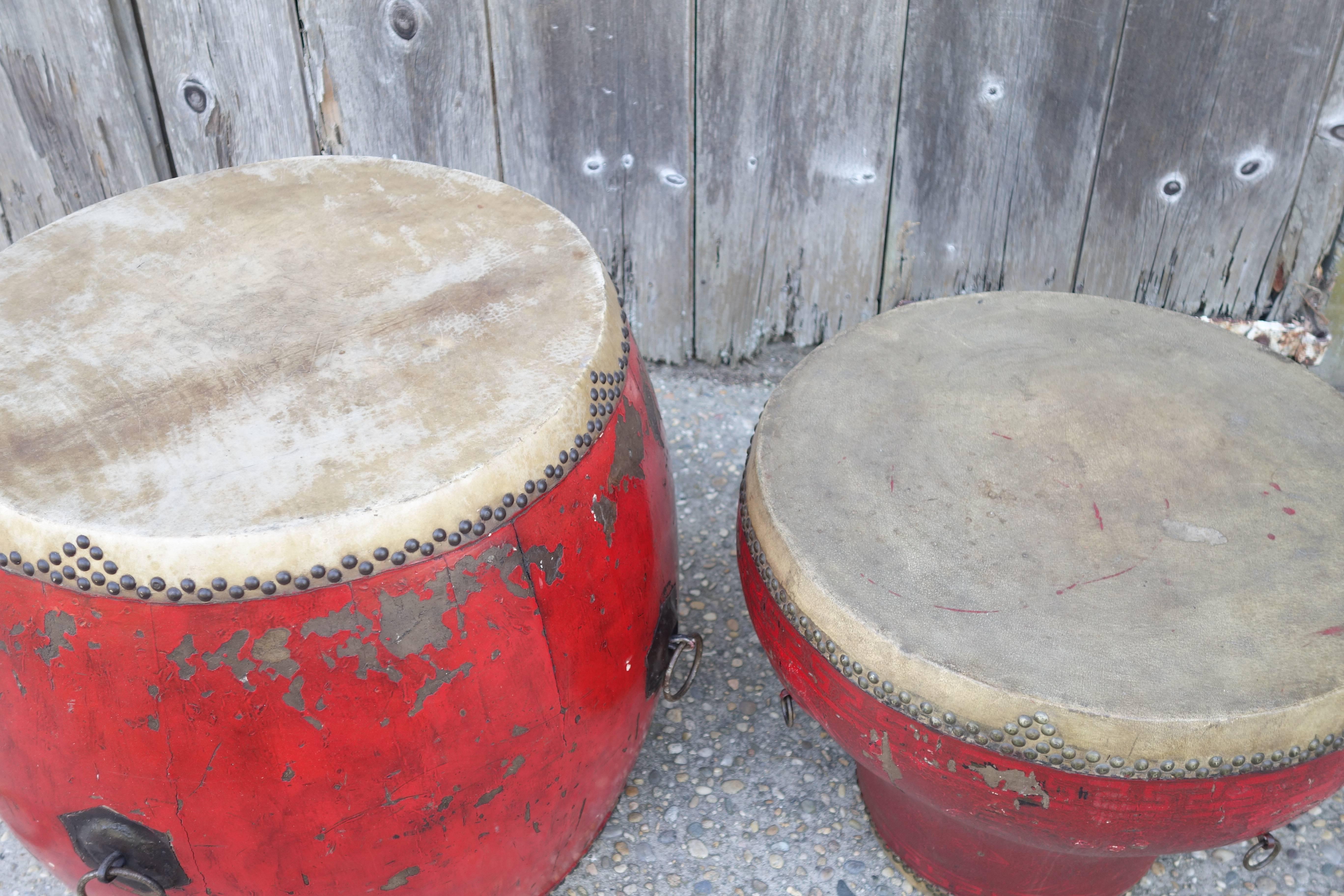 Red Chinese Drums, circa 1910 In Good Condition For Sale In Bridgehampton, NY