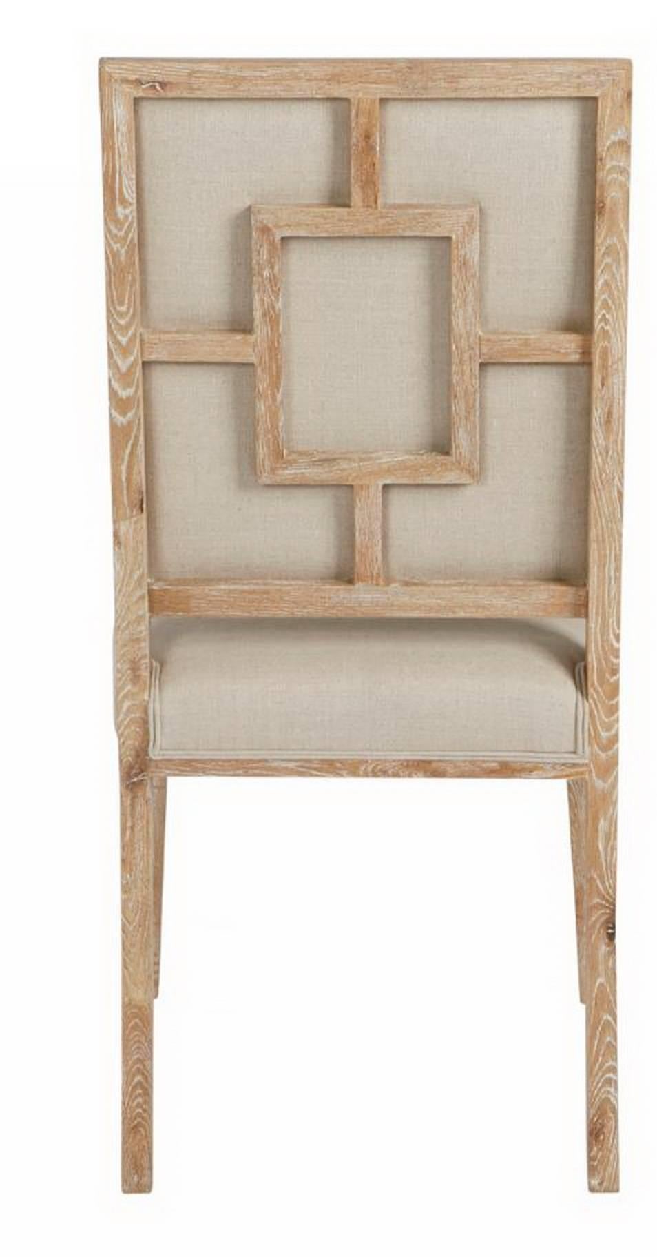 White wash upholstered dining chair with straight back and trellis design to rear.
Can be ordered in other colors, 4 weeks lead time.
 