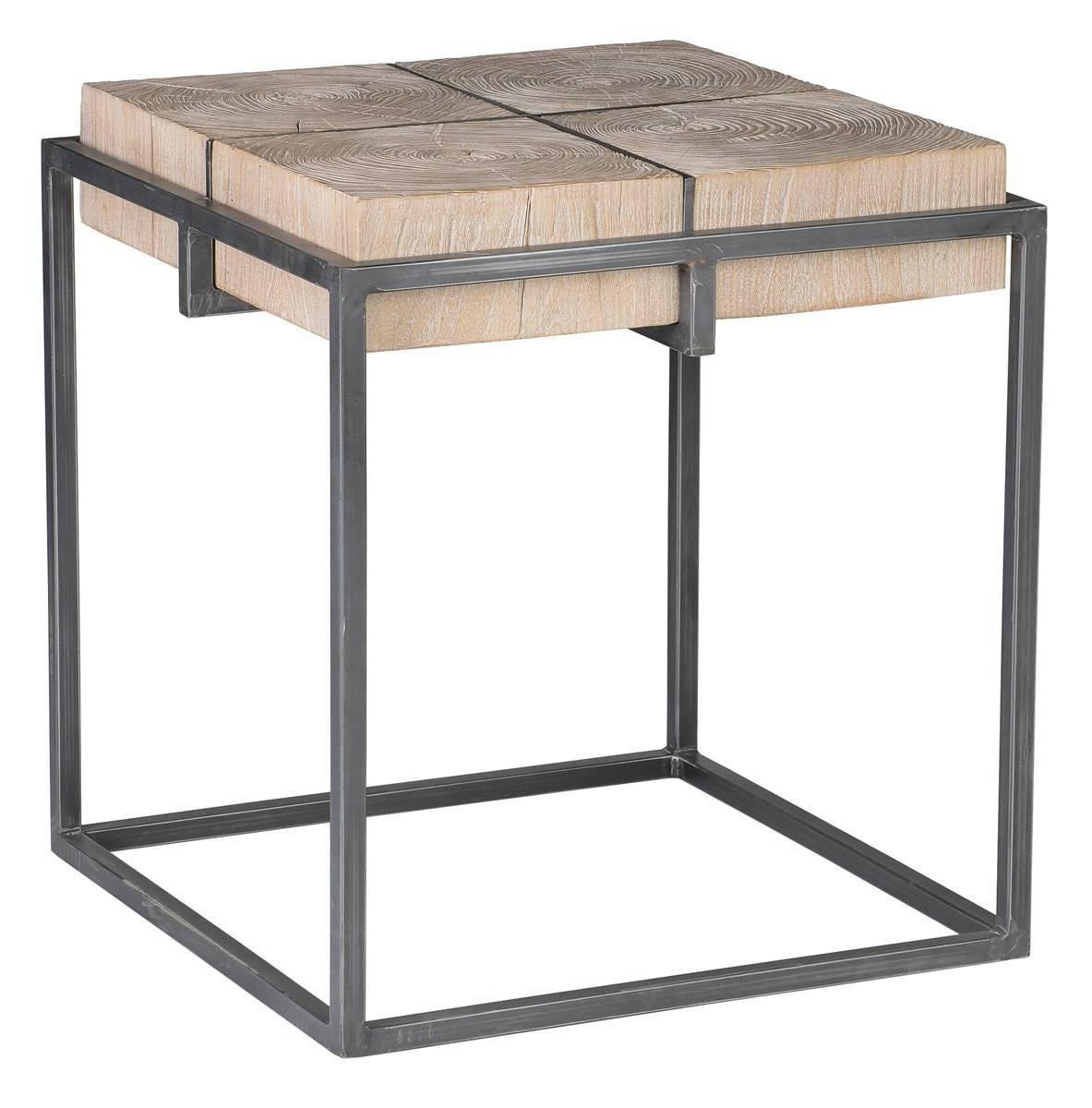 Elmwood and iron coffee table, 42 sq x 18 H.
plank construction. Side tables also available.