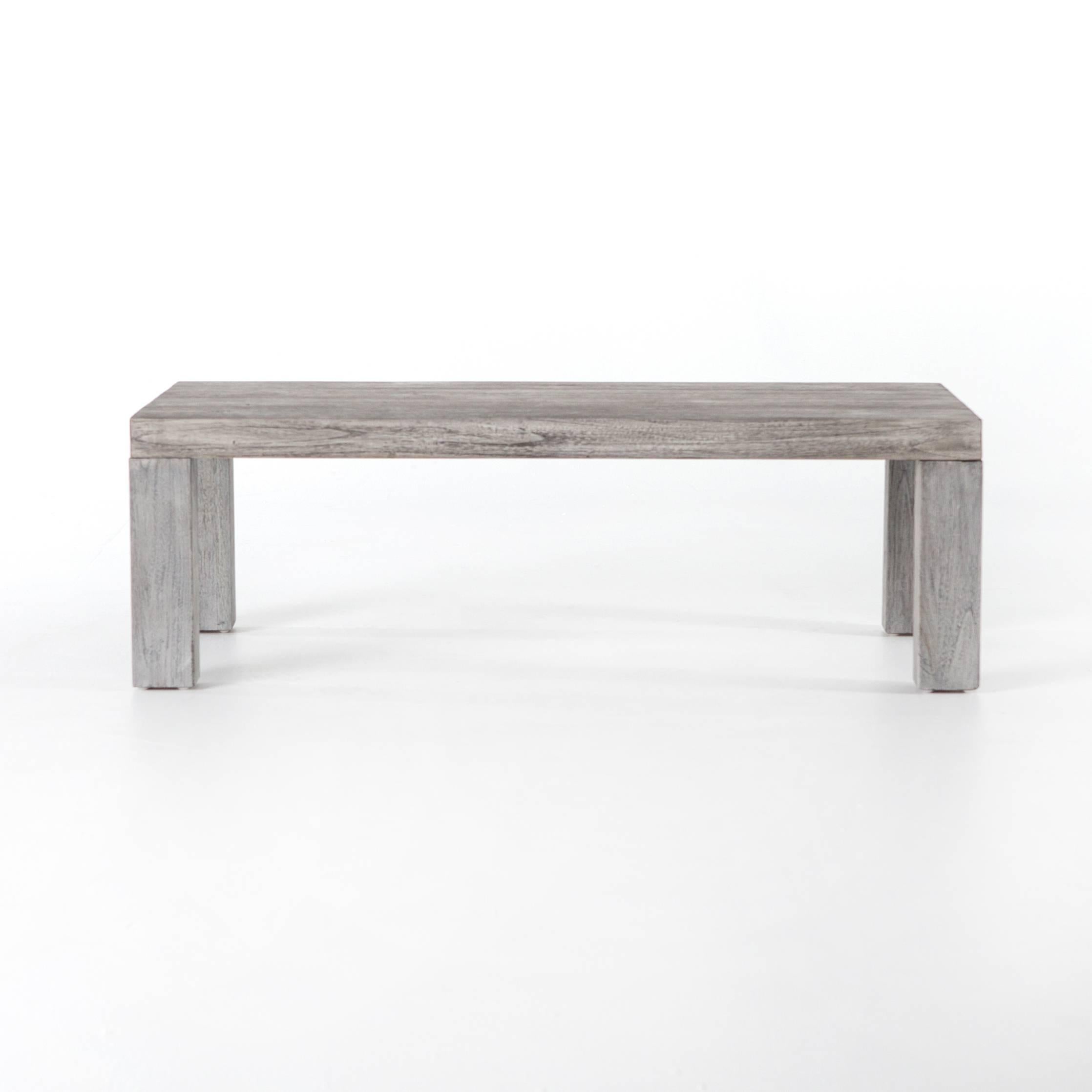 Modern coffee table, teakwood is fashioned into a clean-lined coffee table and weathered to a natural grey. Indoor, outdoor.
Dimensions: W 48