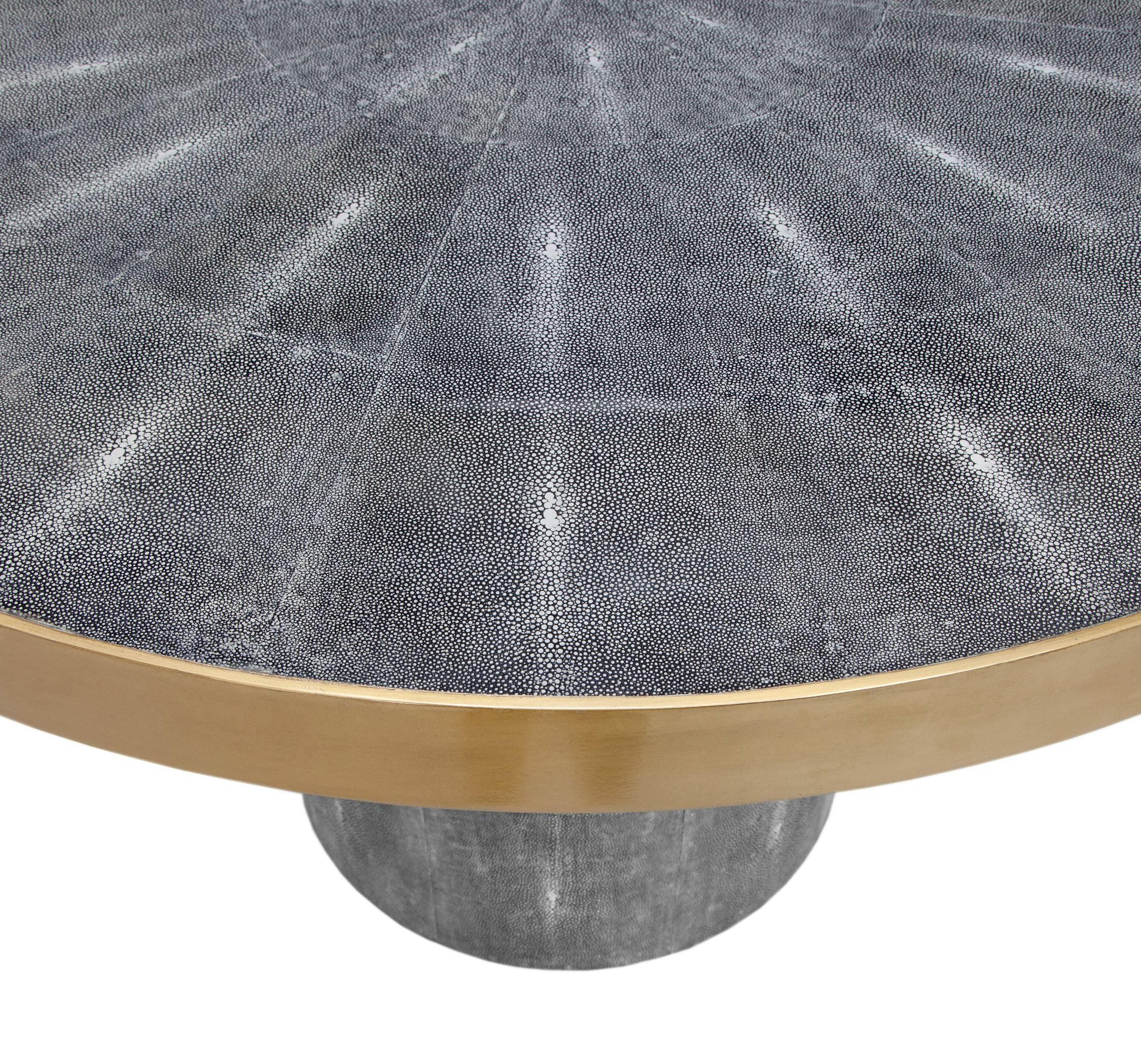 Charcoal grey faux shagreen table, perfect for dining or as a centre, entrance table. Banded in brushed brass.