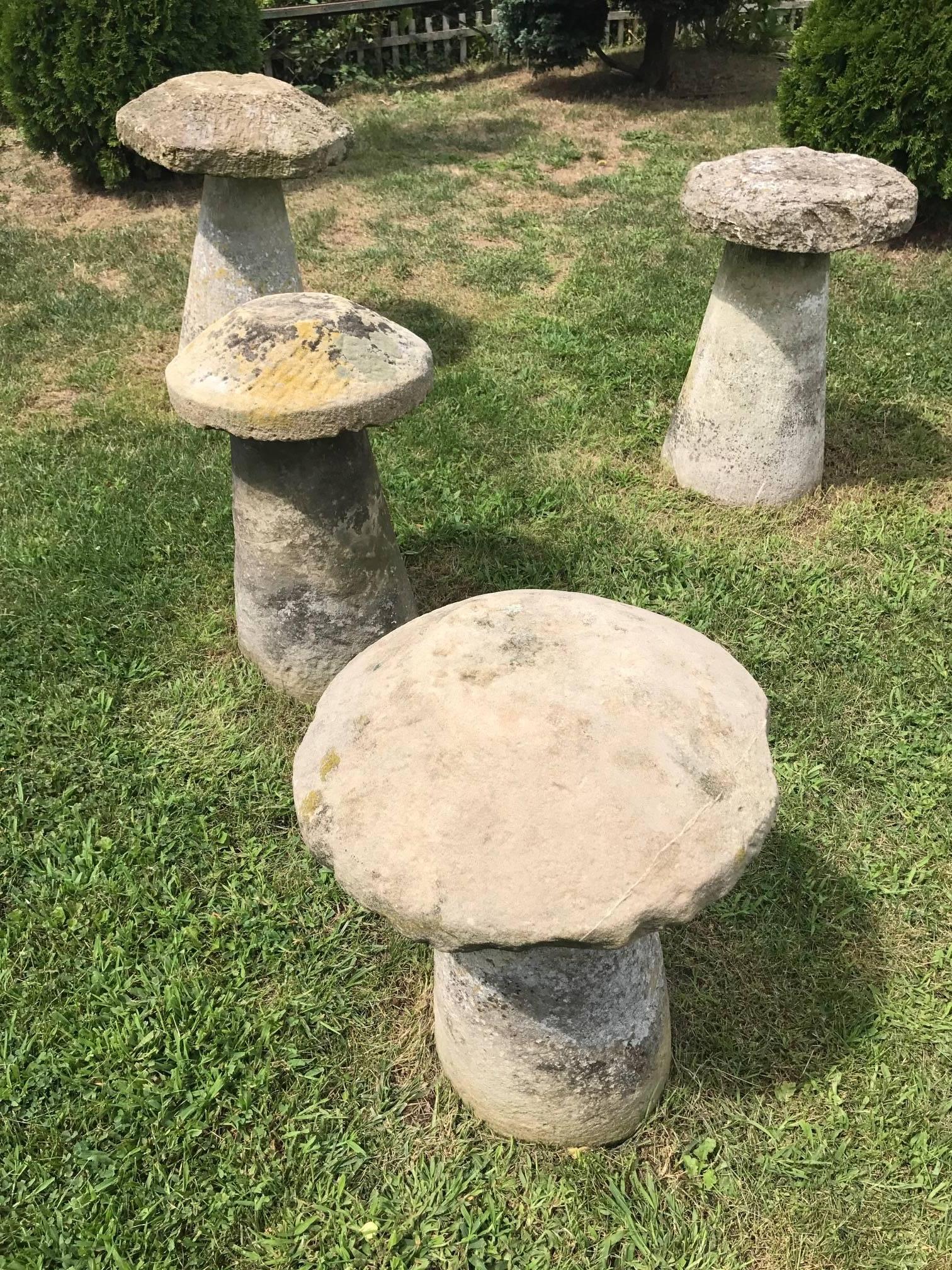 Early 19th century Staddle stones, or mushrooms for the garden. Limestone, with lovely patina. very heavy, check to get current stock.
Measure: approximate 28