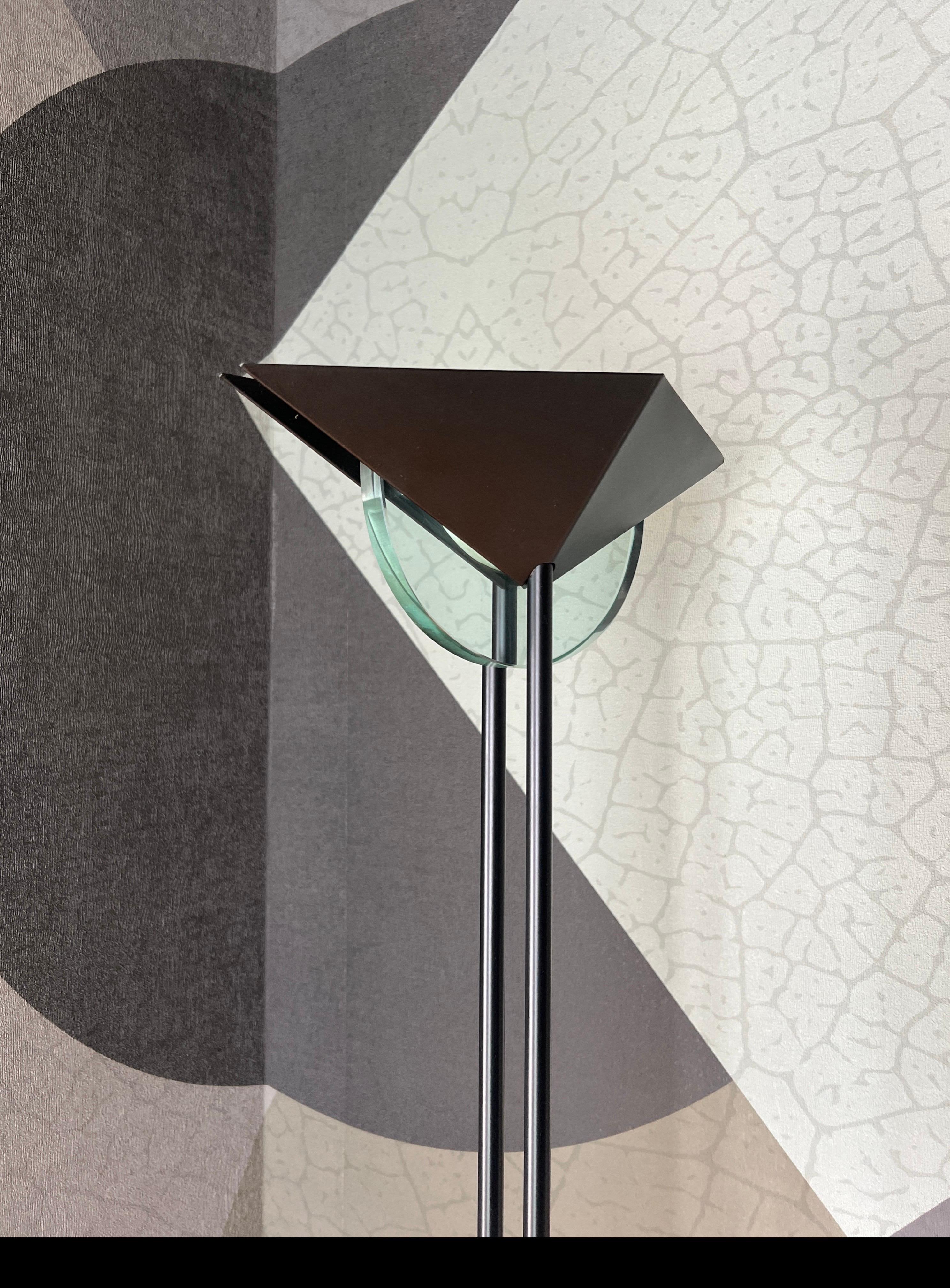 Vintage 1990s Fontana Arte Style Floor Lamp in Black Metal and Light Blue Glass For Sale 1