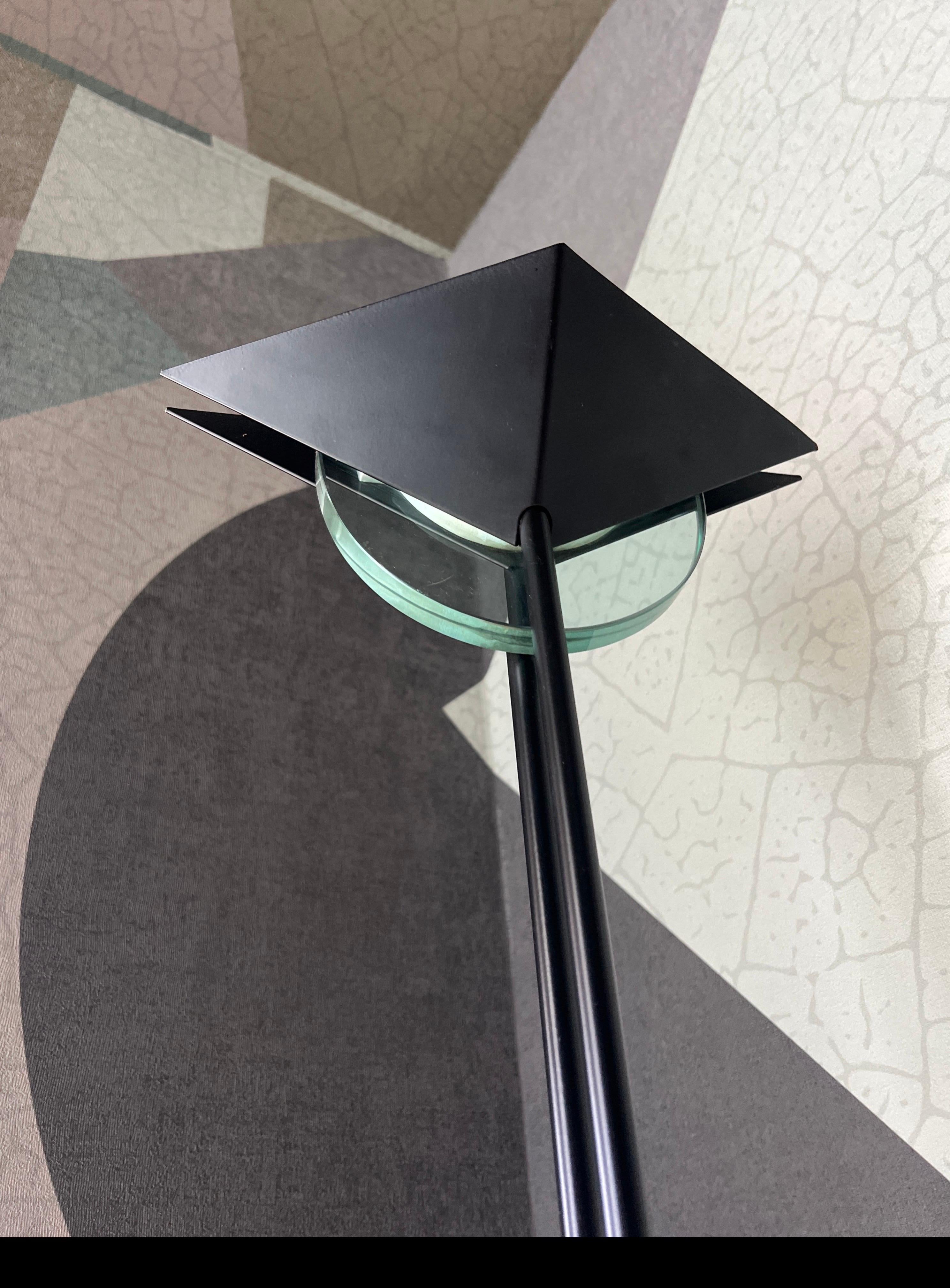 Vintage 1990s Fontana Arte Style Floor Lamp in Black Metal and Light Blue Glass For Sale 3