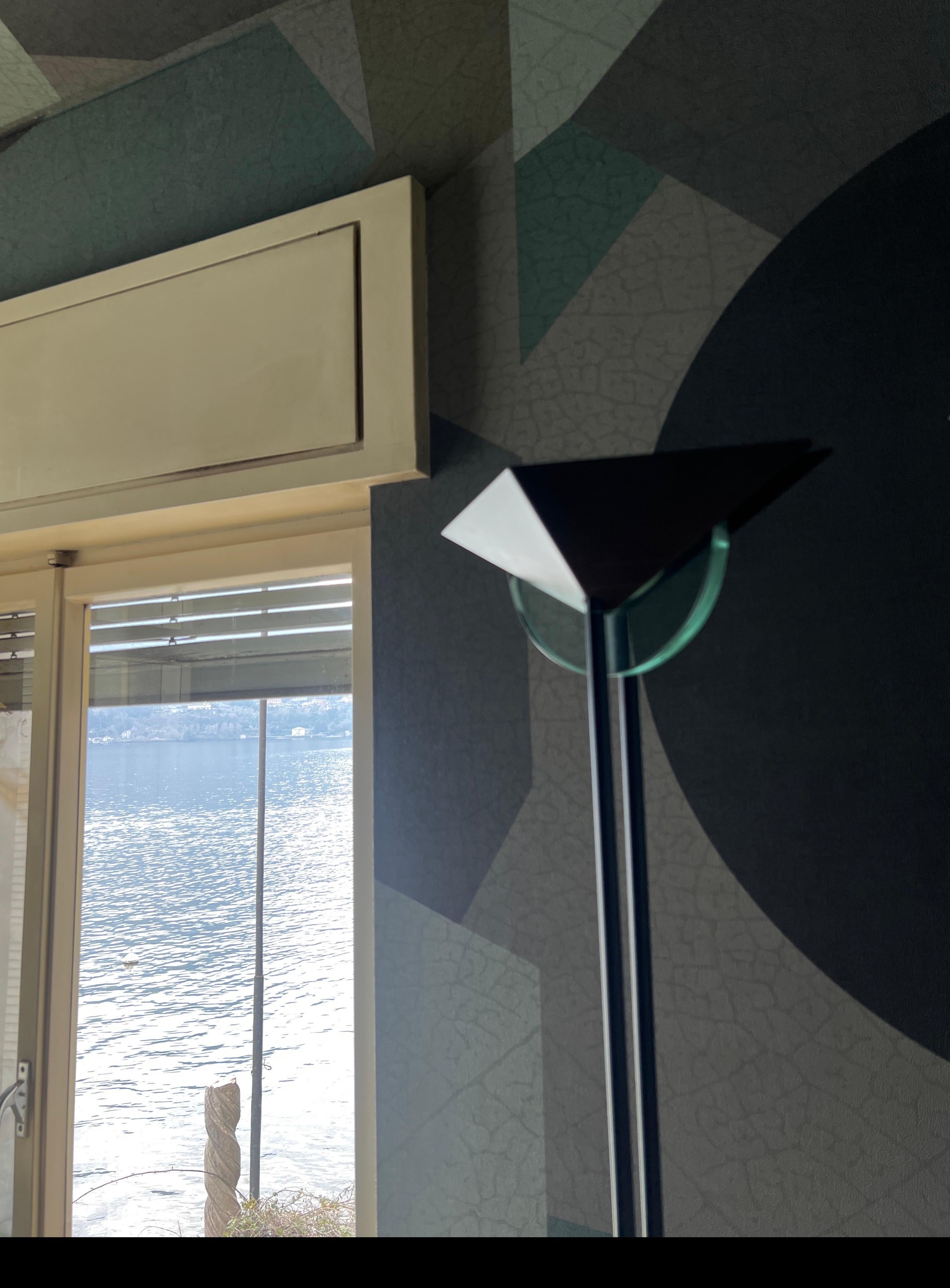 Vintage 1990s Fontana Arte Style Floor Lamp in Black Metal and Light Blue Glass For Sale 6
