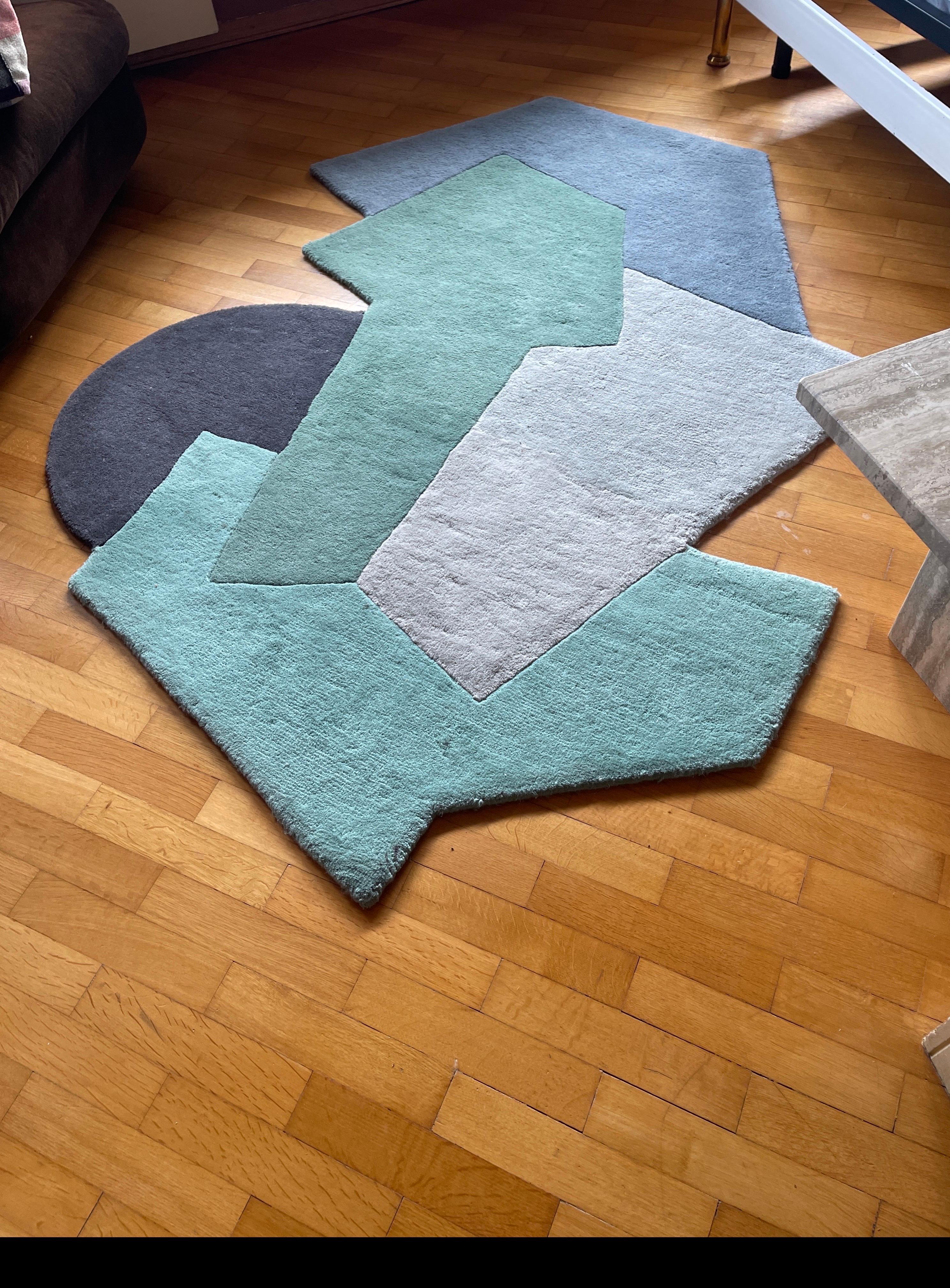 21st Century Contemporary Colorful Geometric Rug, Hand Tufted Wool, Green Tones For Sale 2