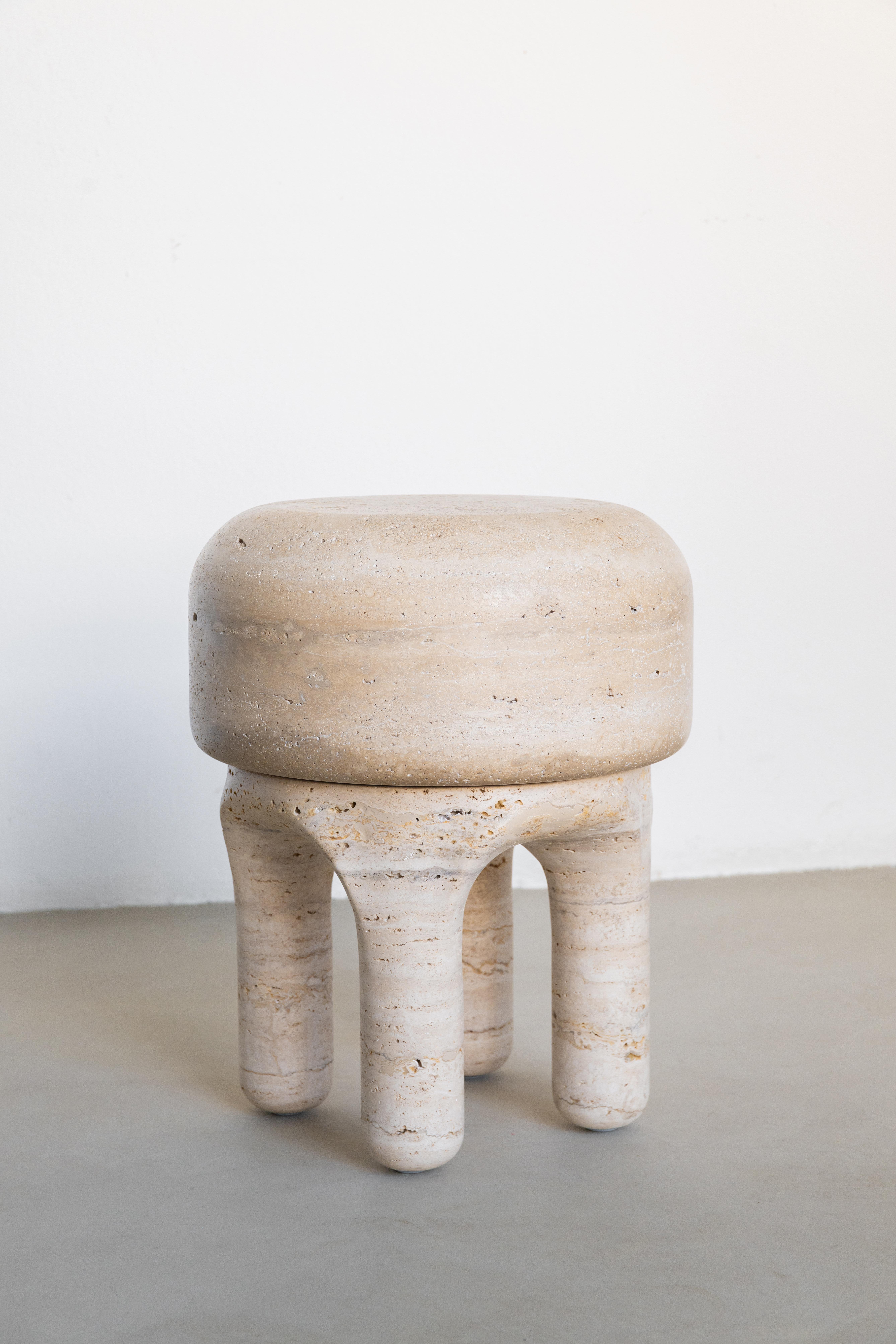 Organic Modern Stool Table Sculpture in Travertine - Urban Wabi Style