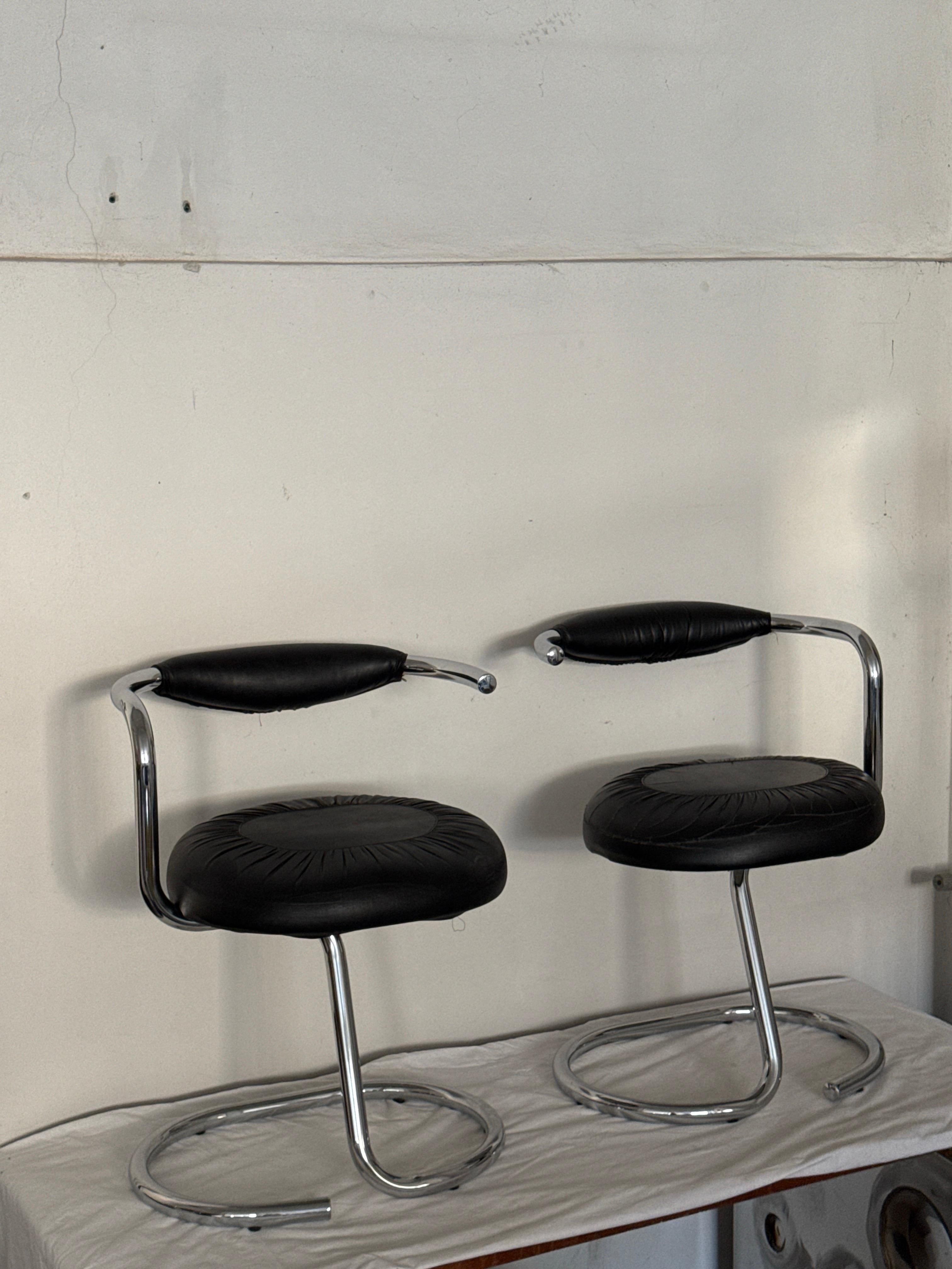 6 "Cobra" Space Age Dining Chairs by Giotto Stoppino, Chrome & Leather