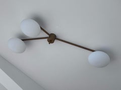 Italian Mid Century Chandelier in Brass 3 arms and opaline glass bowls