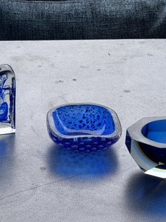 Vintage Italian Bowl from the 60s in Blue Murano Glass with Silver Metal Flakes