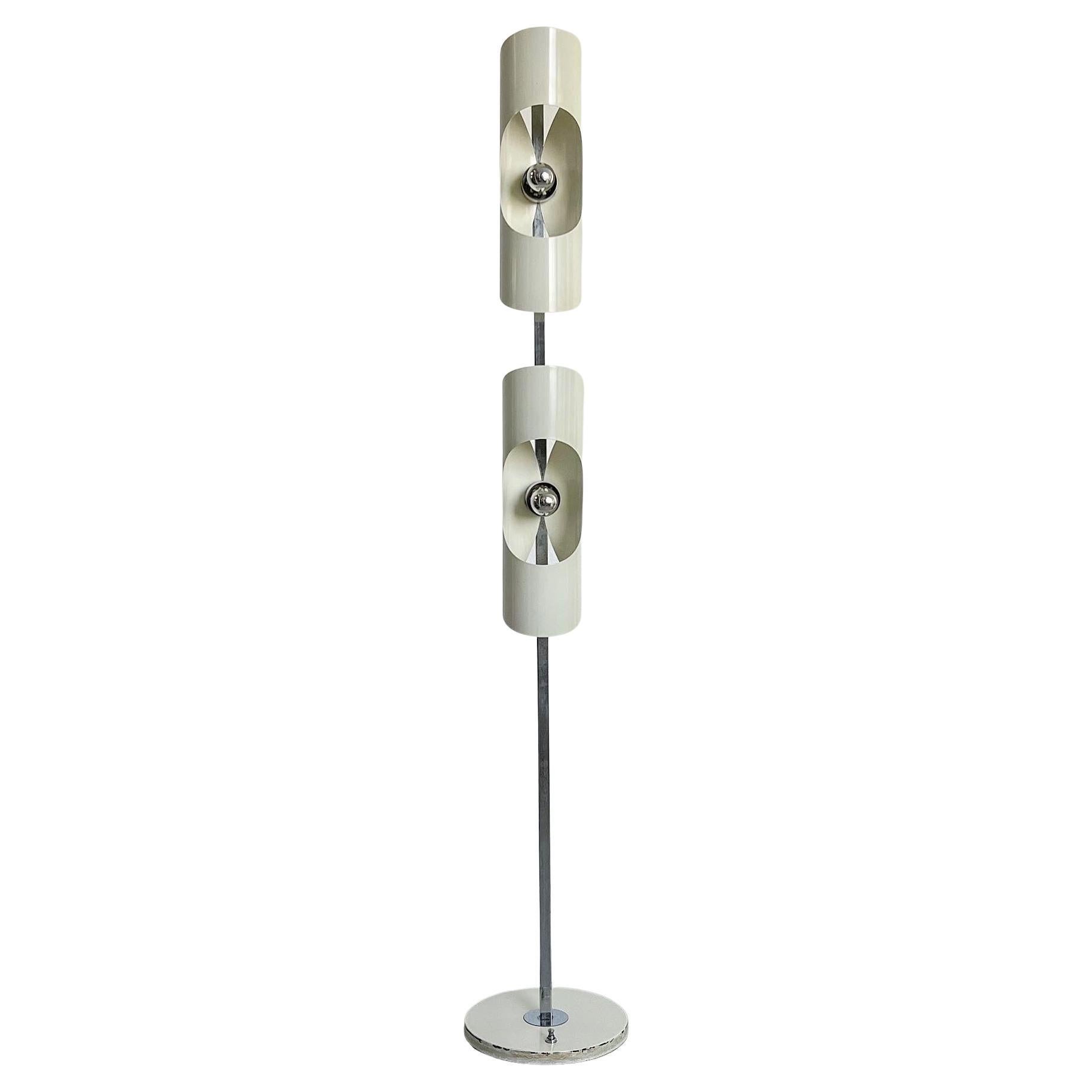 Vintage Space Age Floor Lamp in Steel and Chrome Metal with Two Rounded Shades For Sale