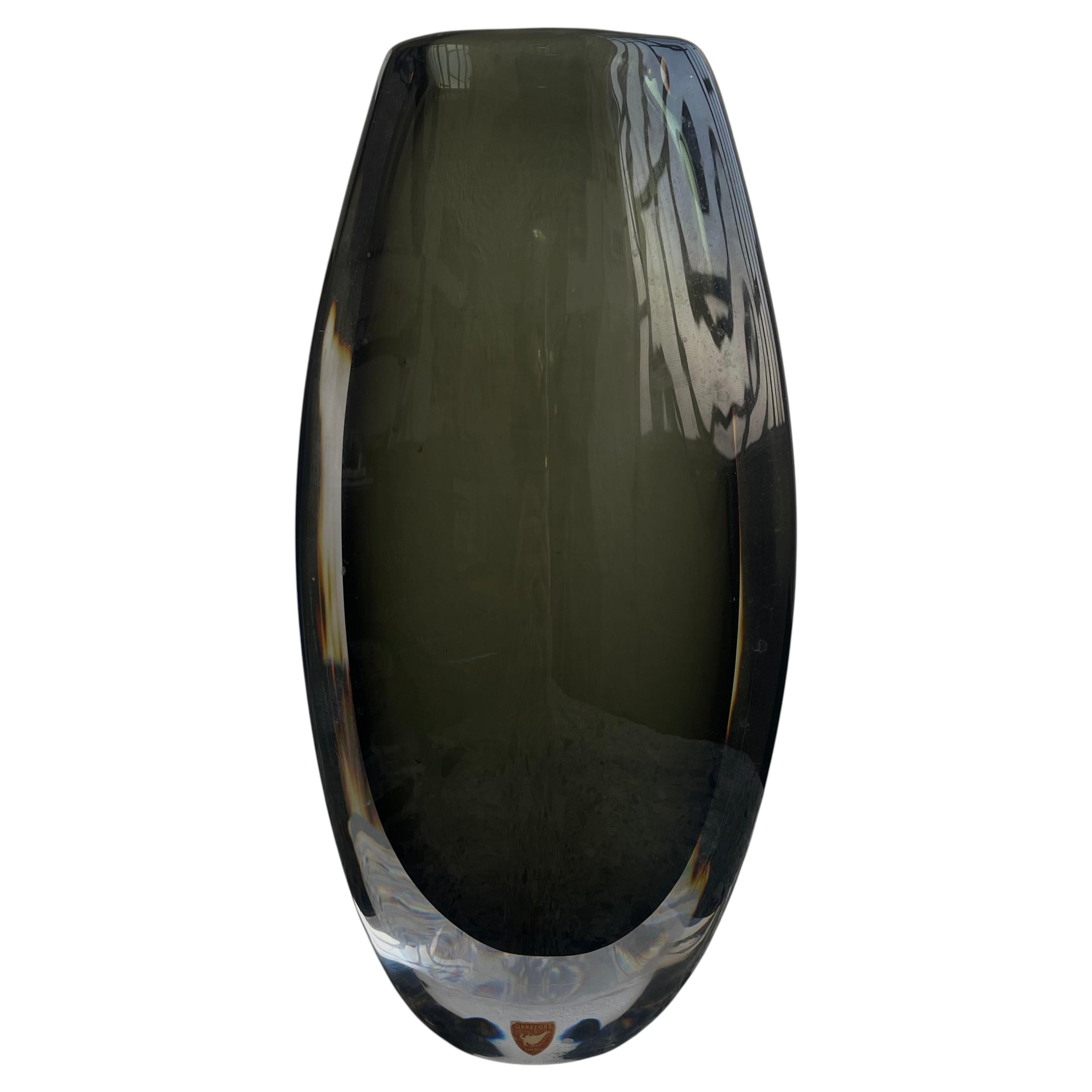Vintage Thick and Massive Swedish Orrefors Vase in Grey/Green Sommerso Glass For Sale