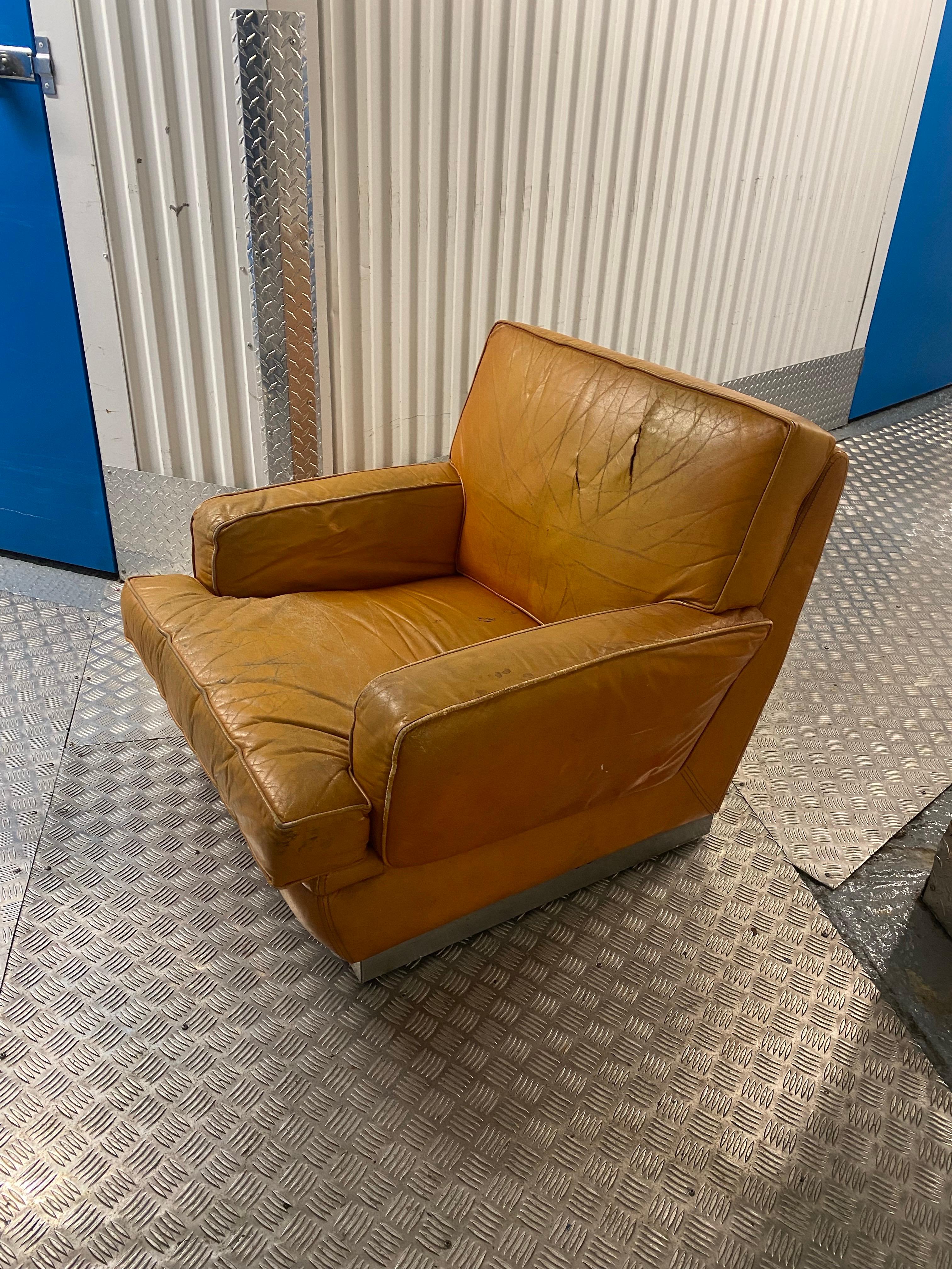 Hollywood Regency Jacques Charpentier for Roche Bobois 1970s Leather Armchair Chrome Vintage For Sale
