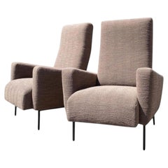 Pair of 1960s Italian High-Back Armchairs in Textured Brown Bouclé Upholstery