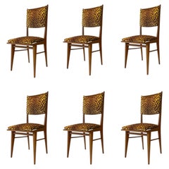6 x Art Deco 1940s Oak Wood Dining Chairs Jim Thompson Pierre Frey Animal Velvet
