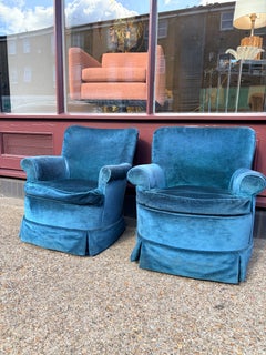 A Pair of 1960s Petite Lounge Armchairs on Castors In Teal Blue Velvet Fabric