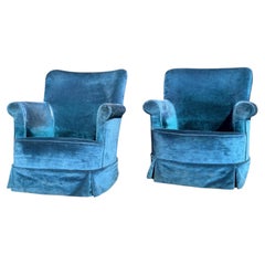 A Pair of 1960s Petite Lounge Armchairs on Castors In Teal Blue Velvet Fabric