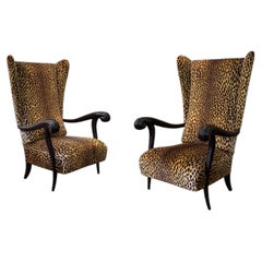 1940s Paolo Buffa Manner Wingback Armchairs Pierre Frey Velvet Animal Art Deco