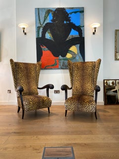 1940s Paolo Buffa Manner Wingback Armchairs Pierre Frey Velvet Animal Art Deco