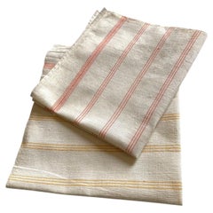 1960s Greek Vintage Handmade Cotton Linen Towels Beige Yellow Stripes