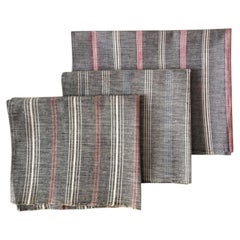 1960s Greek Vintage Handmade Linen Towels Grey with Red and Blue Stripes