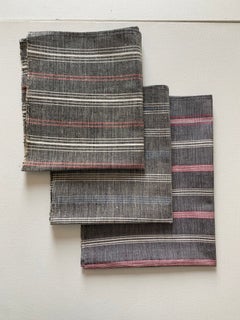 1960s Greek Vintage Handmade Linen Towels Grey with Red and Blue Stripes
