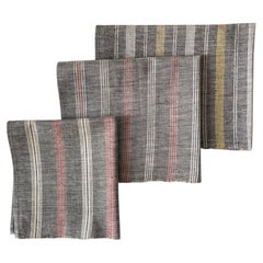 1960s Greek Vintage Handmade Linen Towels Grey with Red and Yellow Stripes