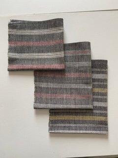 1960s Greek Vintage Handmade Linen Towels Grey with Red and Yellow Stripes