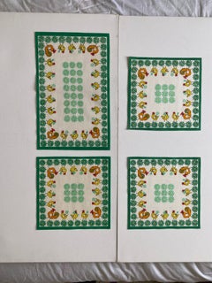 1970s Greek Vintage Handmade Placemats Green Chicken Motif Kitchen Christmas