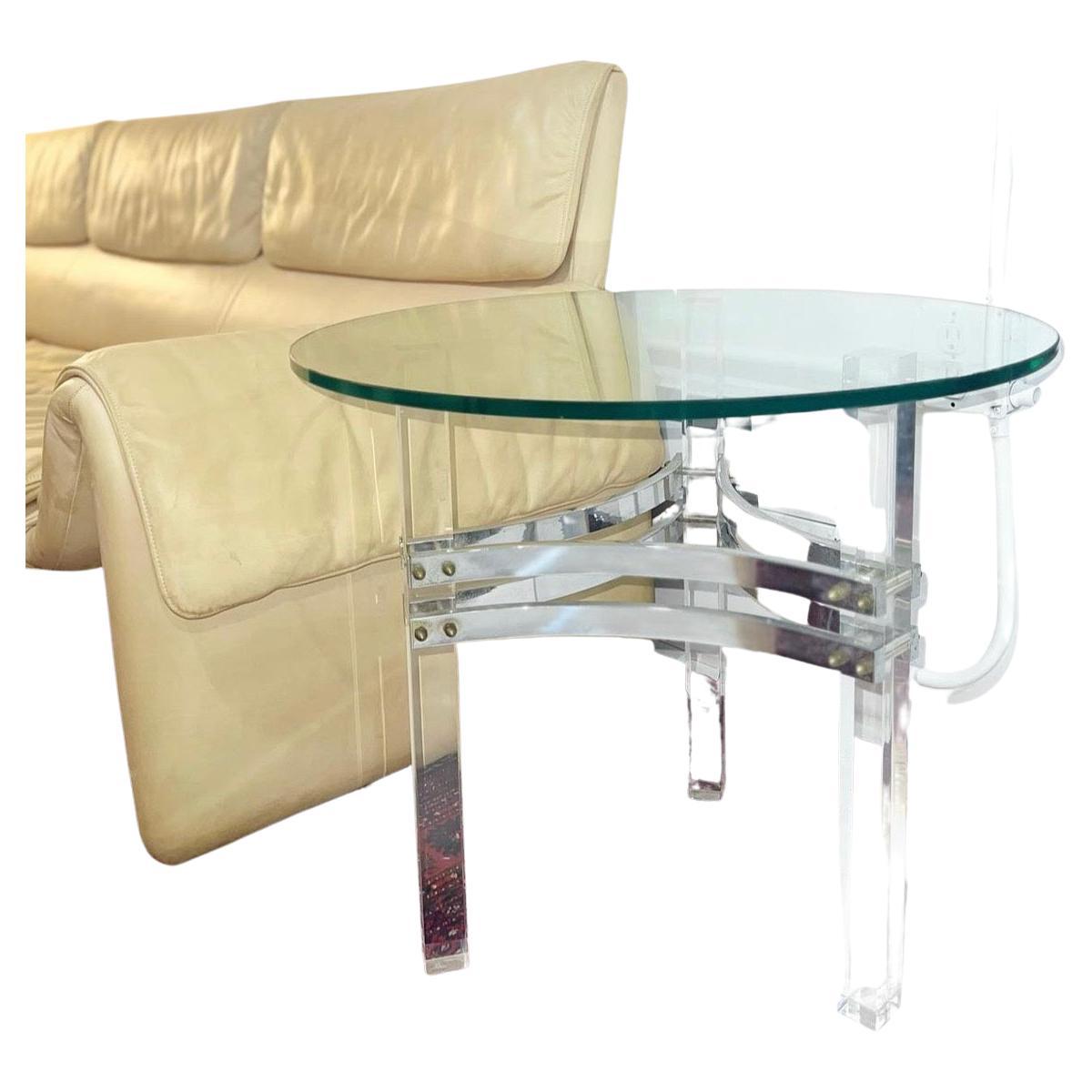 Charles Hollis Jones Lucite, Chrome and Glass End Table  For Sale