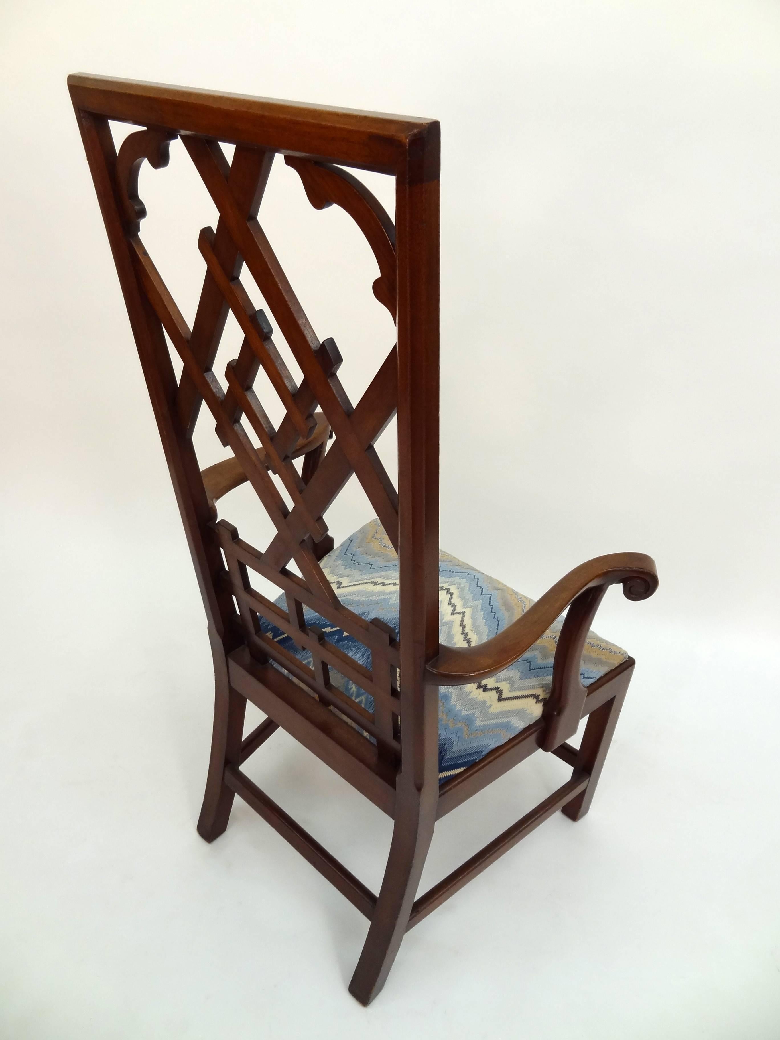 Wood Chippendale Style Fretwork High Back Chair For Sale