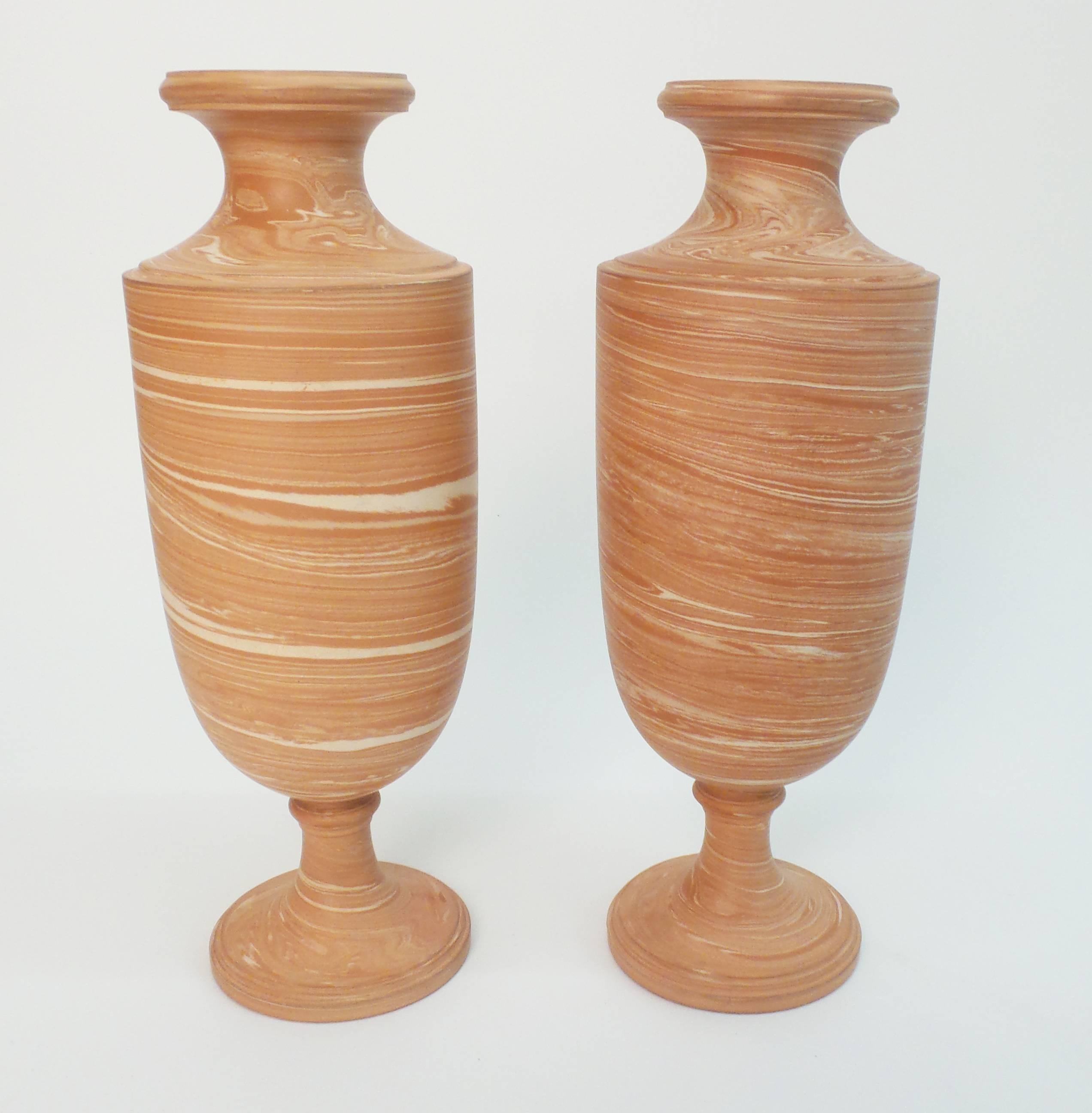 A pair of English marbleized pottery vases of classical form. The Brian Rose model. Torquay factory. Impressed mark.
