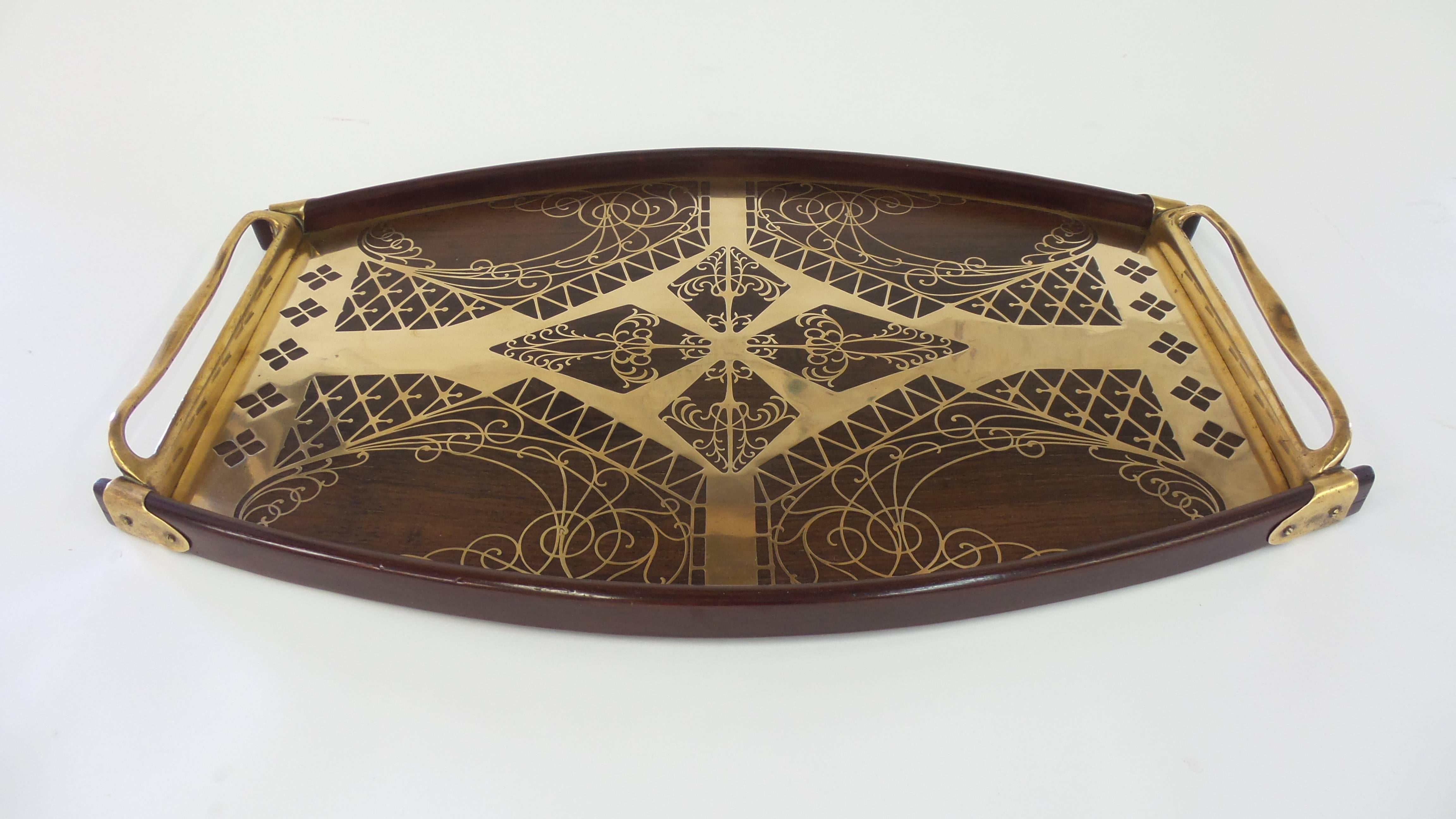 Vienna Secession Brass and Rosewood Inlay Tray by Erhard & Sohne