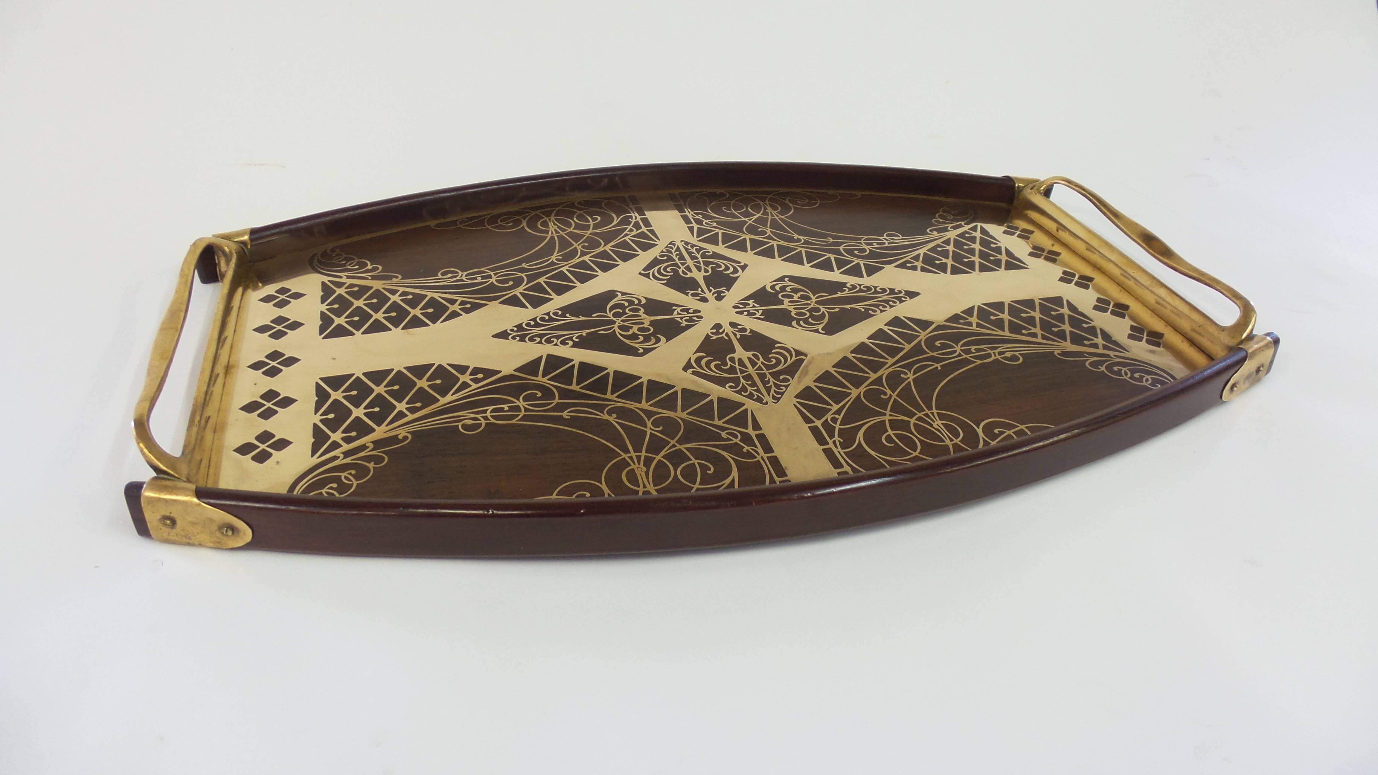 Brass and Rosewood Inlay Tray by Erhard & Sohne In Excellent Condition In Long Island City, NY