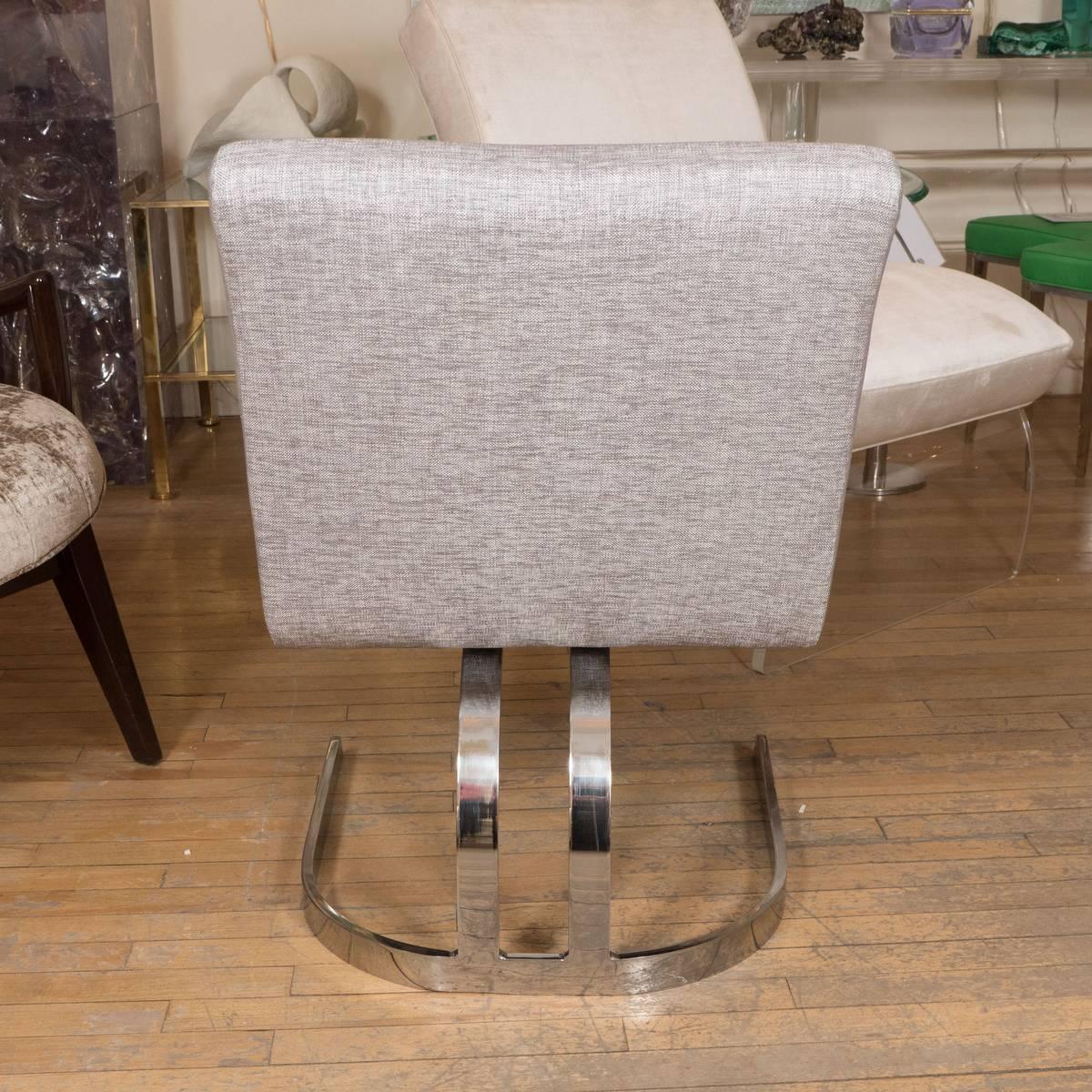 American Pair of Petite Chrome Upholstered Cantilevered Chairs