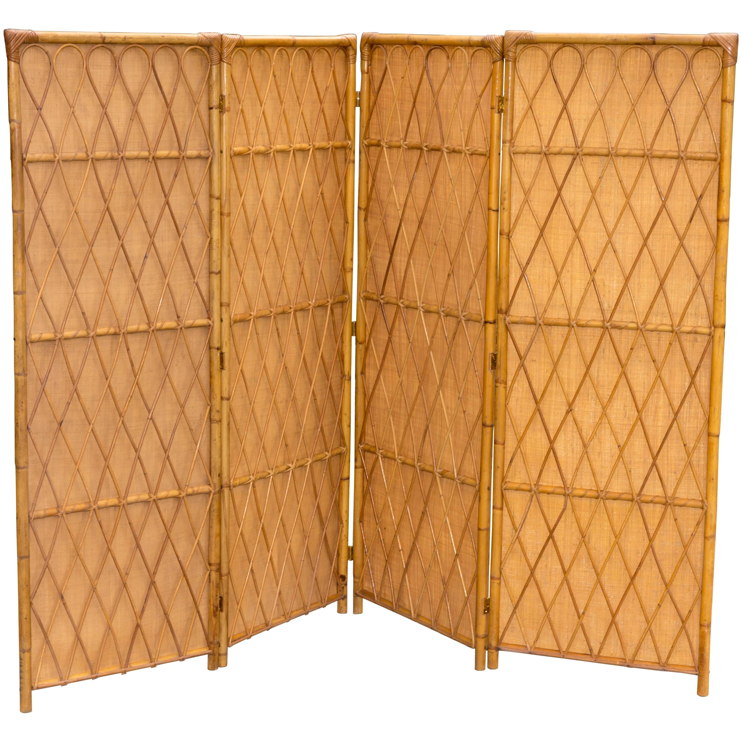 "Three" Panel Rattan Screen with Inserted Woven Grass Panels for Privacy