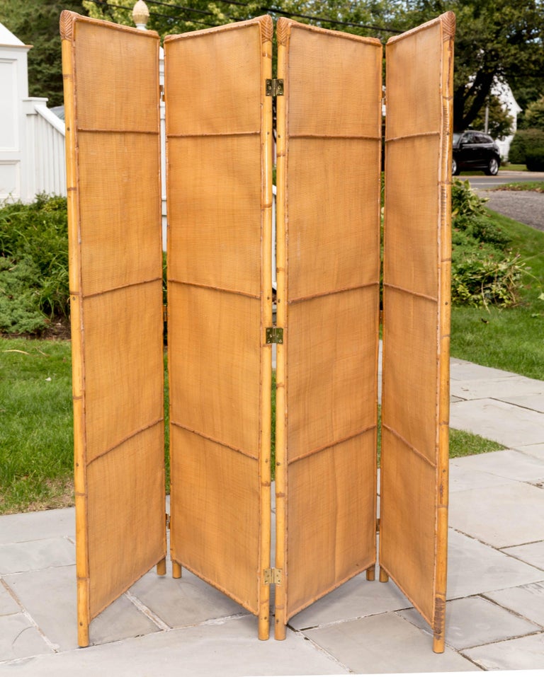 "Three" Panel Rattan Screen with Inserted Woven Grass Panels for