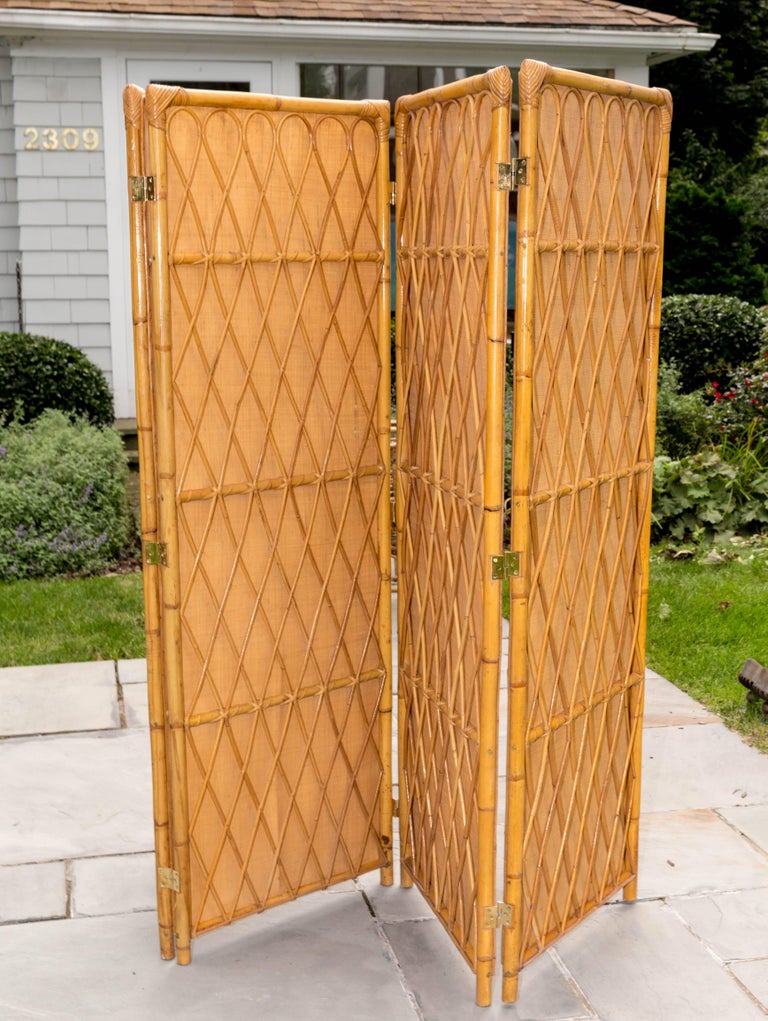 "Three" Panel Rattan Screen with Inserted Woven Grass Panels for