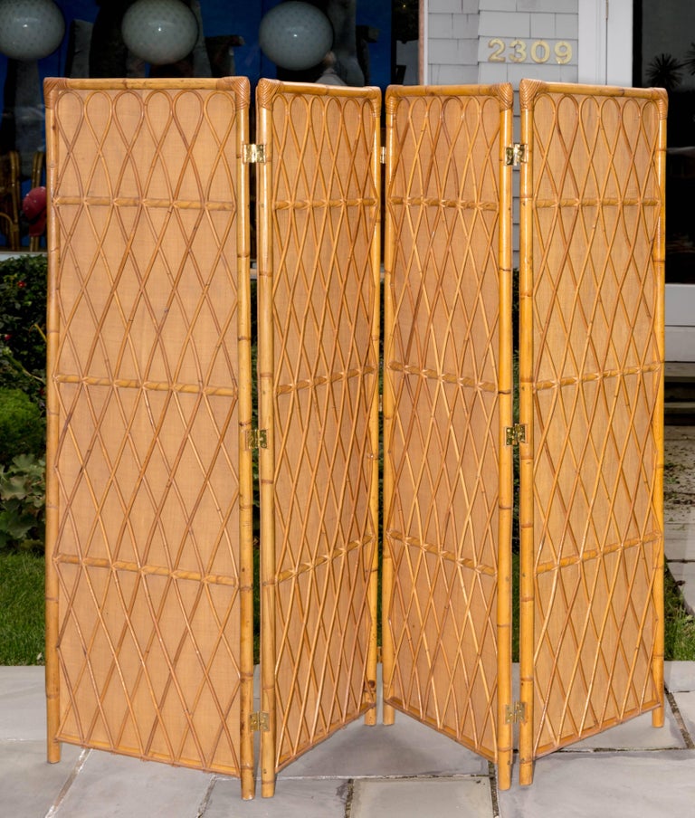 "Three" Panel Rattan Screen with Inserted Woven Grass Panels for