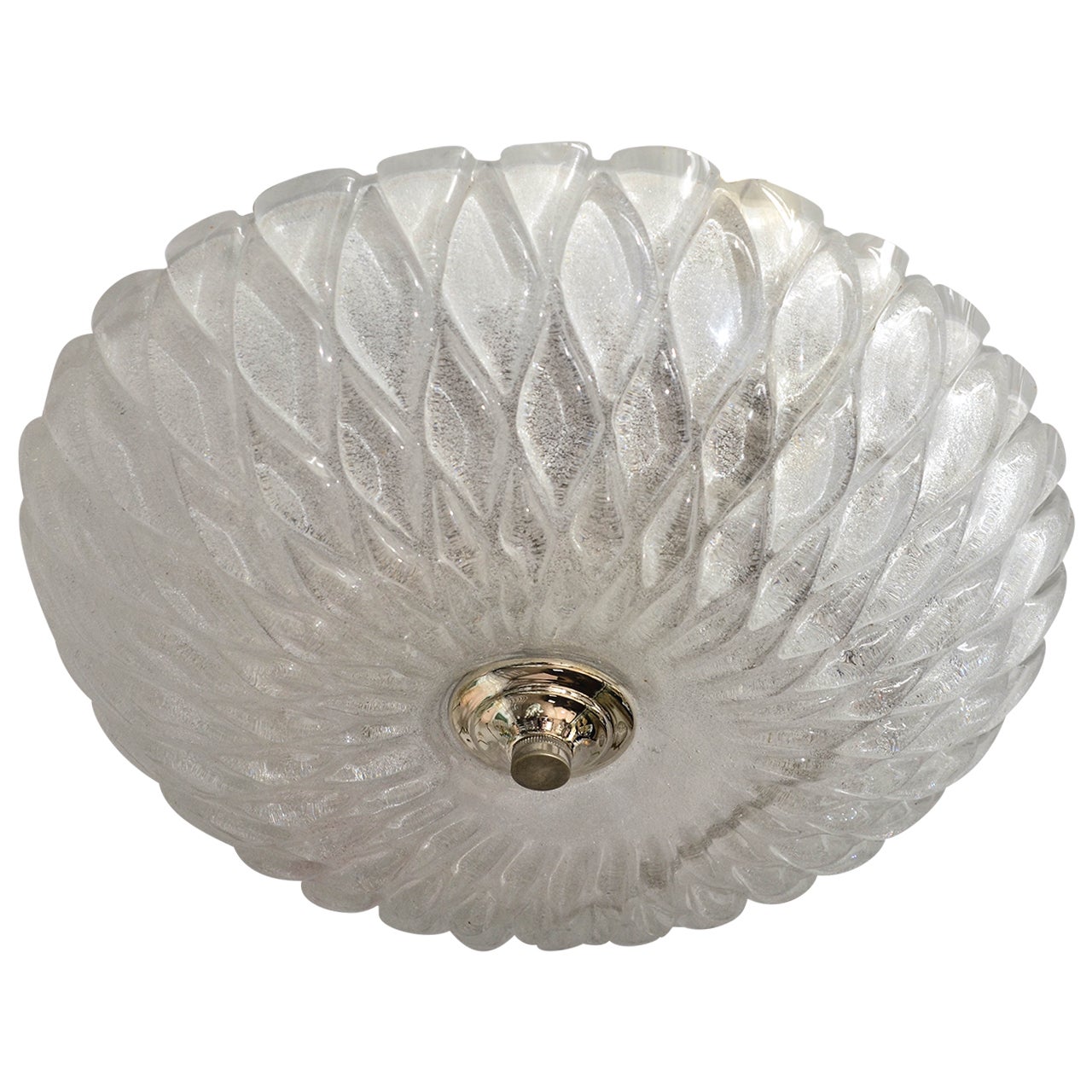 Dome Form Frosted Glass Flush Mount with Diamond Pattern and Nickel Detail For Sale