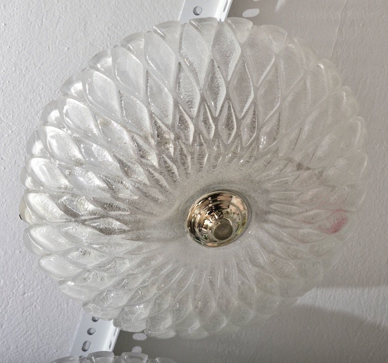 Mid-Century Modern Dome Form Frosted Glass Flush Mount with Diamond Pattern and Nickel Detail For Sale
