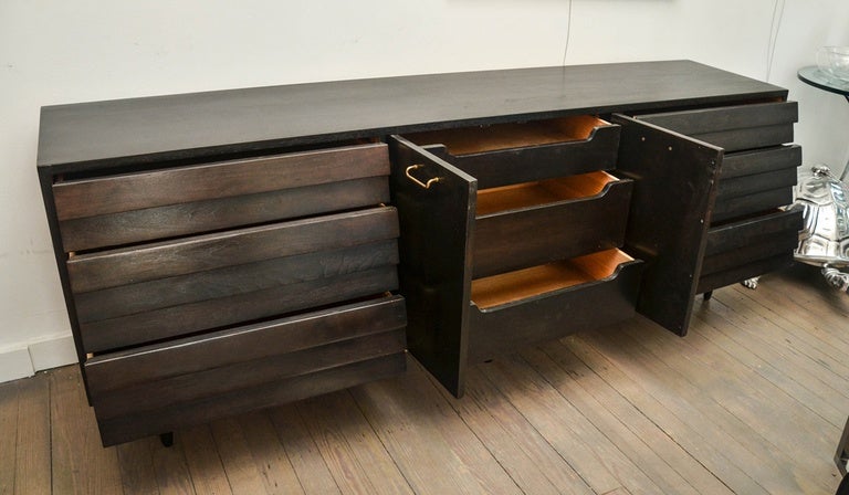 American Wood Credenza with Brass Details and Nine Drawers