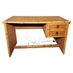 Bamboo and Wicker Two Drawer Desk with Brass Hardware
