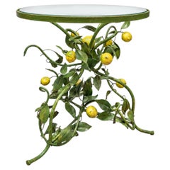 Italian Painted Tole Lemon Tree Side Table, Florentine Style, Glass Top, 1970s.