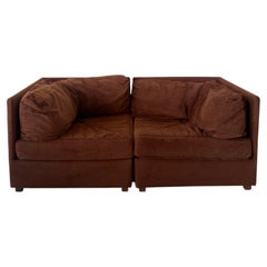 Two-piece vintage playpen loveseat in cognac brown velvet