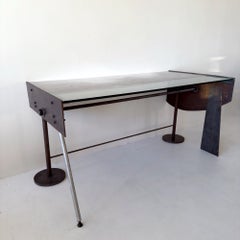 Vintage artist-made industrial desk, steel, iron and glass (California, 1990s)