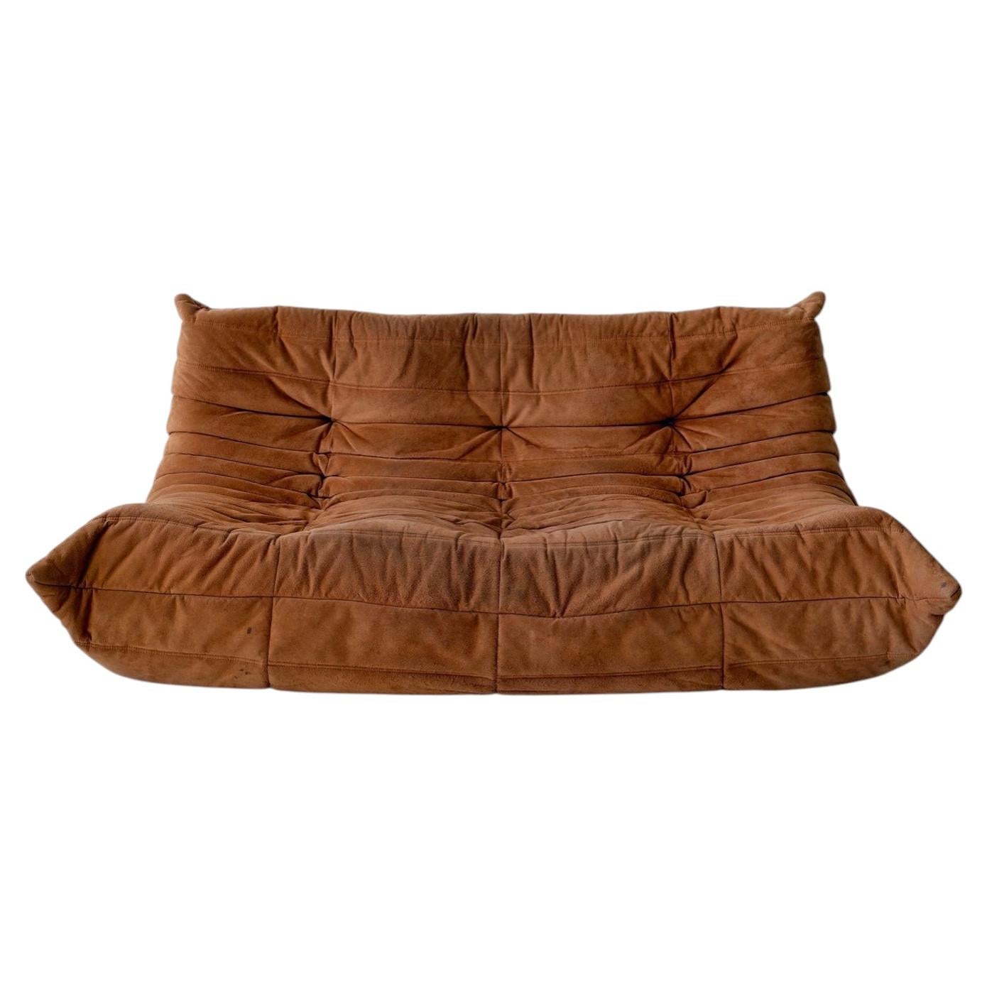 Vintage Ligne Roset Togo sofa by Michel Ducaroy in a toasted brioche alcantara