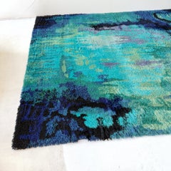 Vintage Rya rug, 9x12, blue green aquatic
