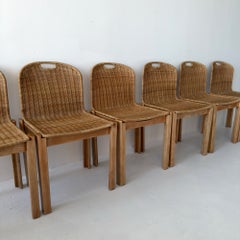 Vintage 1970s Oak and Wicker Chairs by Luciano Bertoncini for Bellato (set of 6)
